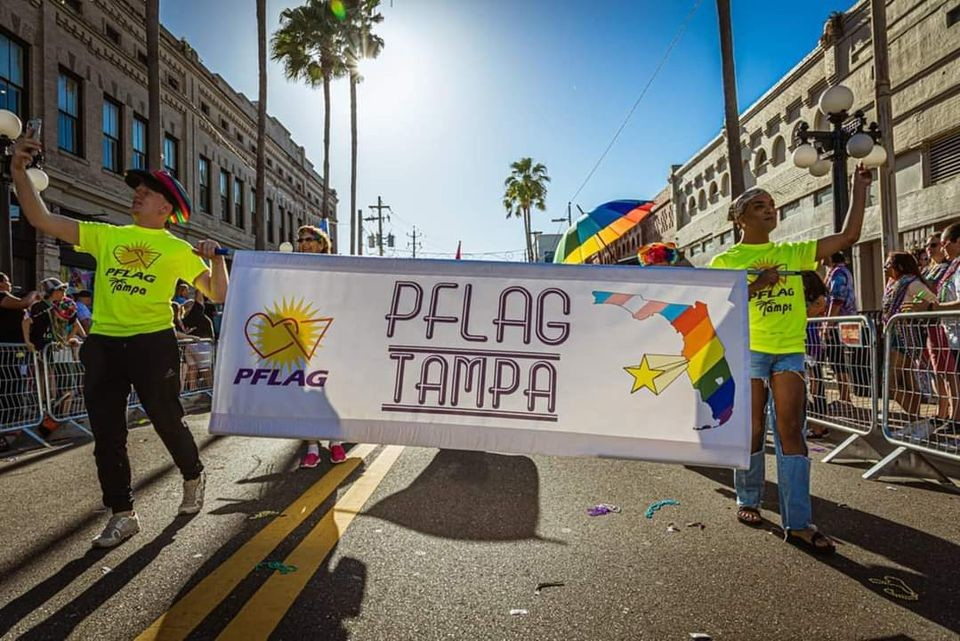 PFLAG Tampa and PFLAG Riverview marching together at Tampa Pride
