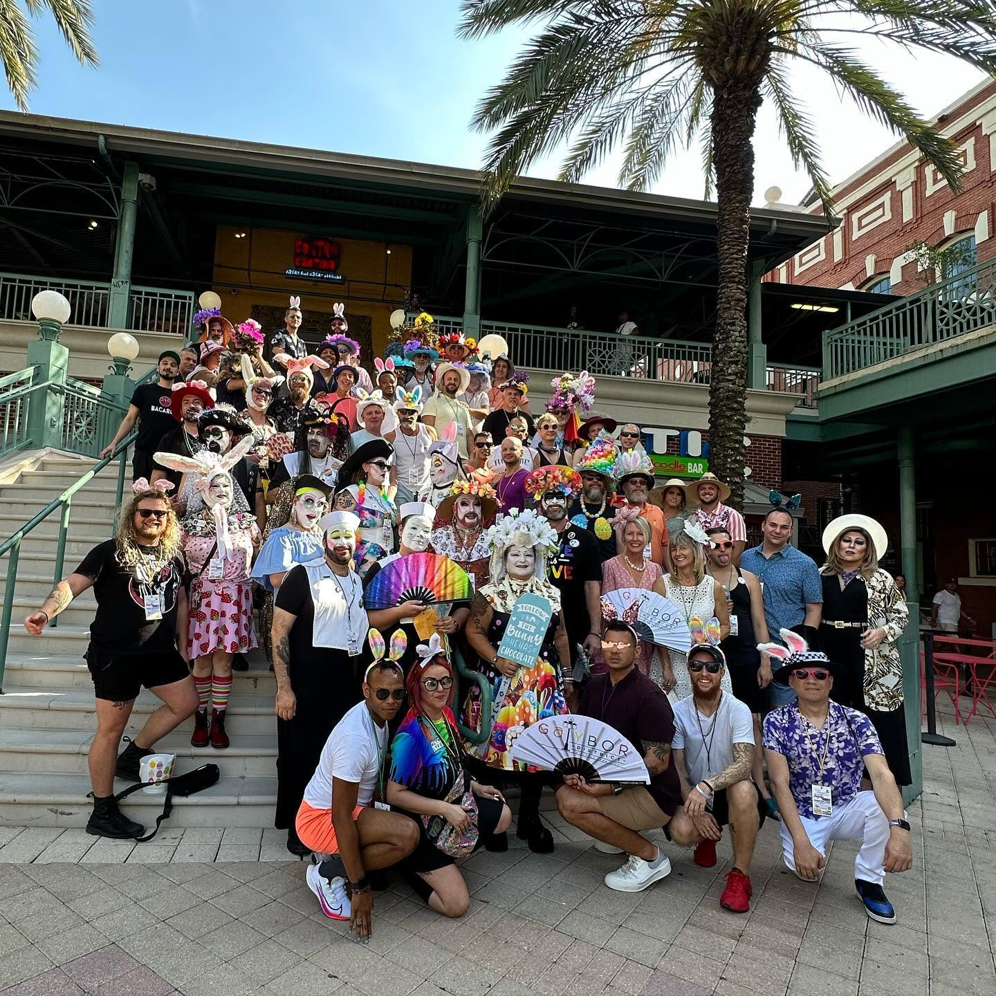 Large group at the 2023 Sinfully Sweet Easter Bonnet Bar Crawl